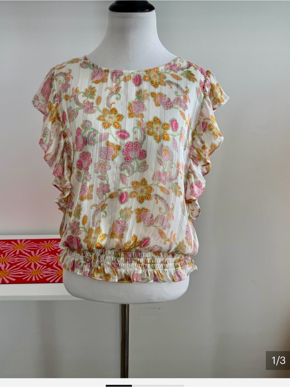 Pleione White Floral Ruffle Sleeve Blouse with Pink & Yellow